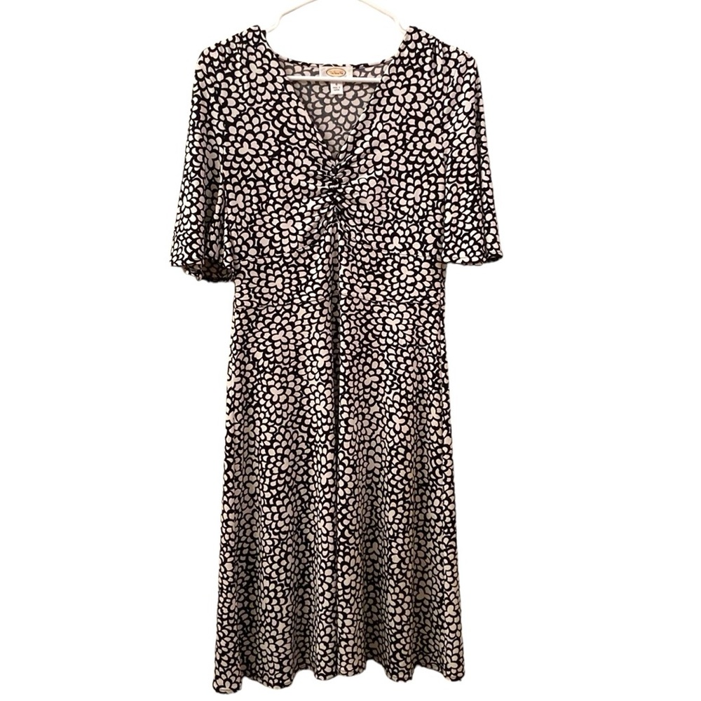 Talbots Dress Black White Geometric Floral Short Bell Sleeve V-neck WM SZ 6P